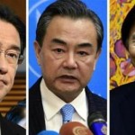 日本の外務大臣岸田文雄、中国の外務大臣王毅と韓国外相尹炳世