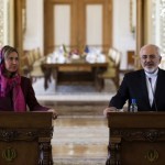EUの外交政策チーフの記者会見フェデリカMogheriniを伴うイランの外務大臣ムハンマド・ジャヴァドZarif、