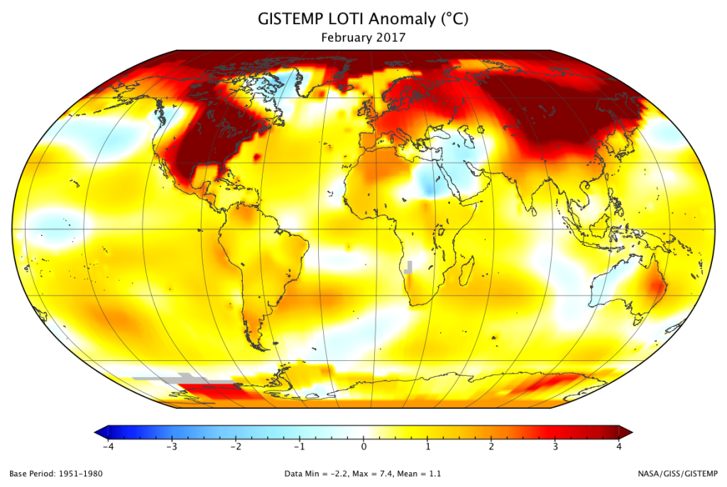 月と2017年の2月に地球温暖化の数を見直した後、最も暖かい年となりうる