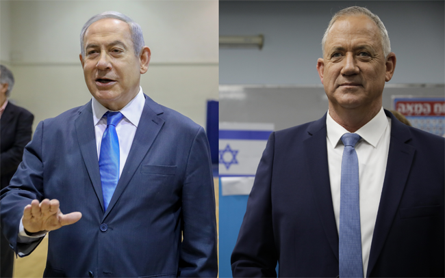 イスラエルの首相、ベンジャミンネタニヤフと彼の政治的ライバル、ベニーガンツ
